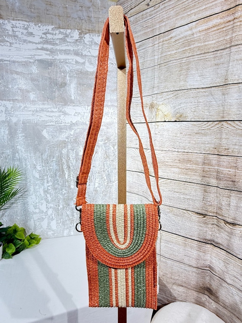 Styline NWT Straw Crossbody Phone Bag Burnt Orange Sage Stripe Woven Purse